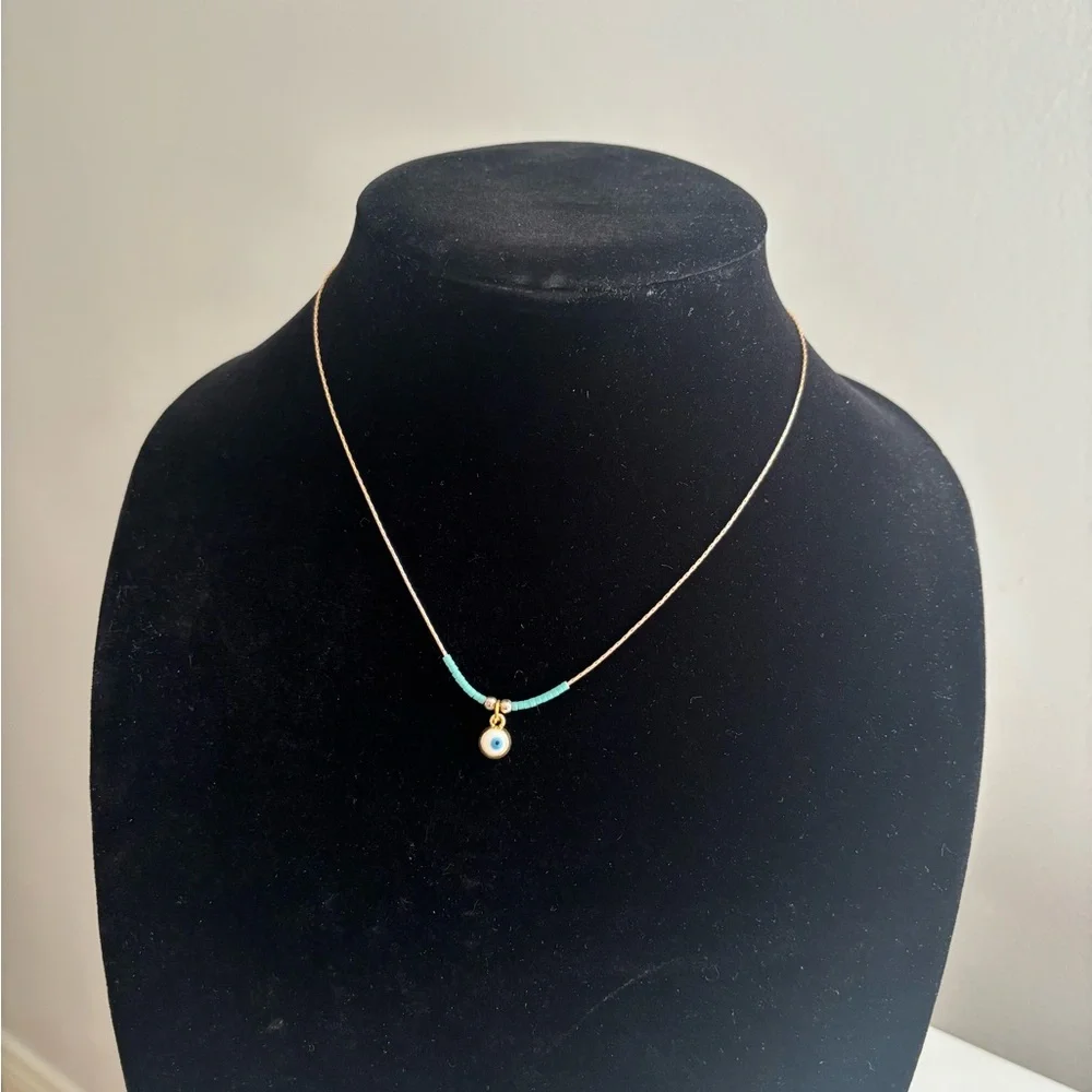 Gold Chain Necklace with Turquoise Beads and Pearl Pendant - Picture 8 of 9
